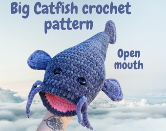 Big catfish bass plush crochet pattern, digital tutorial for beginners, English PDF