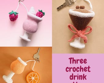 bundel drie patronen drank aperol spritz espresso martini aardbei drank sleutelhanger tas charme PDF digitale amigurumi