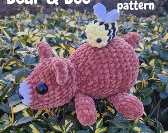 Lying Teddy Bear and Bee crochet pattern, English amigurumi tutorial for beginners,