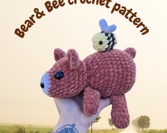 Lying Teddy Bear and Bee crochet pattern, English amigurumi tutorial for beginners,