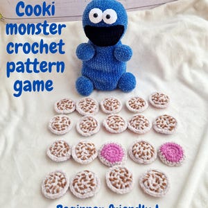 かぎ針編みのパターン記憶ゲーム、クッキーモンスターのぬいぐるみ、簡単な編みぐるみおもちゃ、子供向け英語PDF
