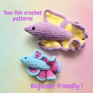 May include: Two handmade crochet fish patterns. One is purple and yellow, the other is blue and pink. The image includes the text "Two fish crochet patterns" and "Beginner friendly!"