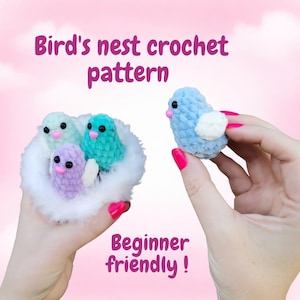 May include: A crochet bird's nest pattern with three colorful birds in a white nest and a single blue bird. The text reads "Bird's nest crochet pattern" and "Beginner friendly!"