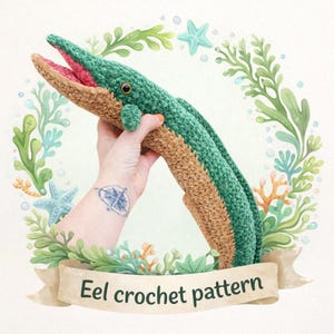 Haakpatroon van een murene met open bek, beginnersvriendelijke handleiding (PDF, Engels).