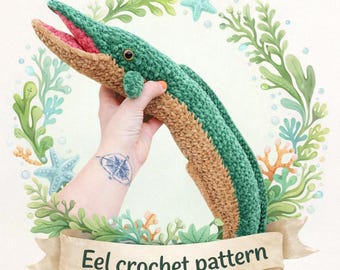 Moray Eel fish crochet pattern with open mouth, beginner friendly tutorial PDF english