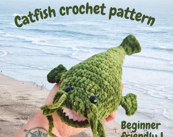 Catfish Crochet Pattern for beginners, pocket size bass plushie, amigurumi animal plush toy, small easy sea ocean creatures, PDF tutorial