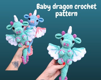 baby dragon with wings crochet pattern, plushie amigurumi tutorial, easy English PDF