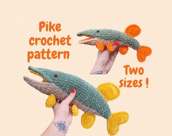 Bundle two sizes pike fish crochet pattern, plushie amigurumi tutorial, English PDF digital