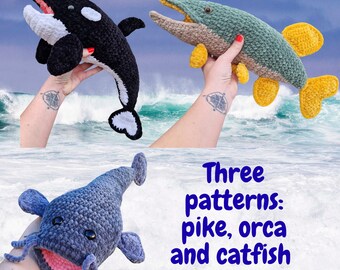 Bundle three fish crochet pattern, orka pike catfish amigurumi tutorial PDF, English