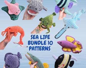 Bundle set 10 patterns sea life, amigurumi tutorial for beginners, English PDF