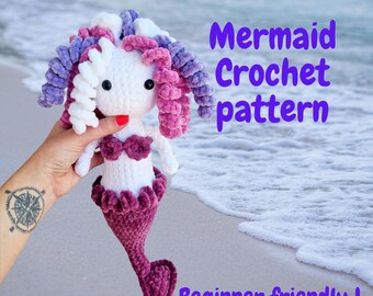 Mermaid crochet pattern, siren amigurumi tutorial for beginners, plushie sea toy PDF