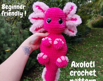 Axolotl crochet pattern for beginner, cute plushie animal tutorial PDF, large fluffy amigurumi