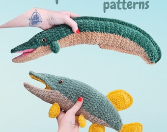 bundle two patterns Eel Pike fish with open mouth, beginner friendly tuorial PDF english