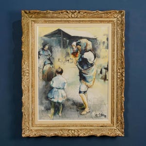 May include: An antique framed painting depicting a market scene with figures in muted tones. The artwork features a child in a light blue dress, and a person wearing a shawl. The frame is ornate with a gold finish.