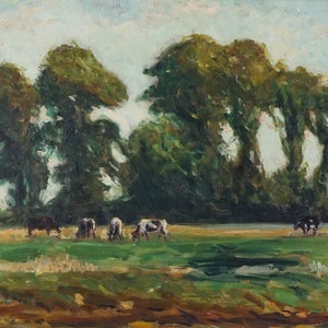 Pintura al óleo antigua original de Barbizon de vacas en un campo en un marco rústico
