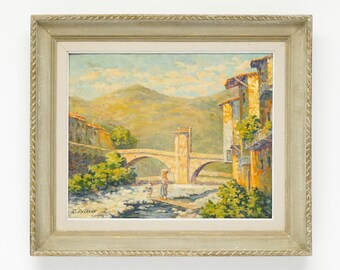 Original Impressionist River Scene of the Bridge of Sospel (France) by Pol Presson