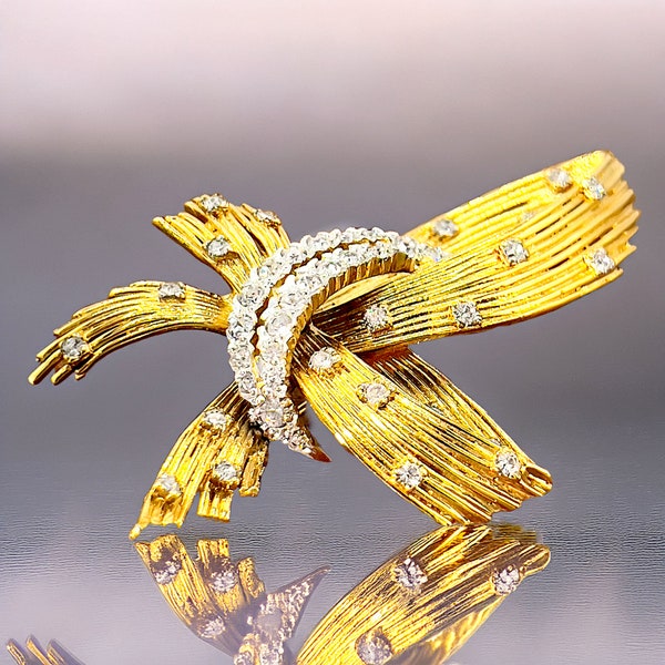 Vintage 1950s Gold-Plated Bow Brooch with Sparkling Rhinestones by Burma Paris