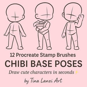 Può includere: Grafica di arte digitale con tre pose base chibi in linea nera su sfondo rosa. Testo: "12 Procreate Stamp Brushes, CHIBI BASE POSES, Draw cute characters in seconds, by Tina Lanzi Art."