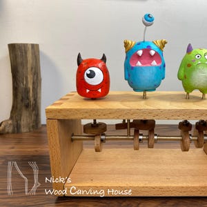 Three Whimsical Monster Automata, Handcrafted Wood Carved Kinetic Sculpture, Moving Creature, Ornament, Woodcarving, Wooden Toys, Fun Gift
