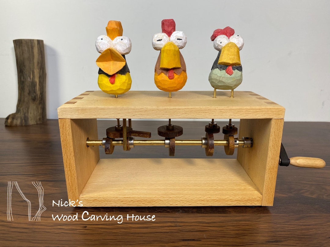 Three Funny Chicken Automata | Handcrafted Wooden Automata | Kinetic ...