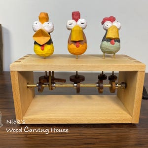 Three Funny Chicken Automata | Handcrafted Wooden Automata | Kinetic Sculpture | Fun Desk Toy