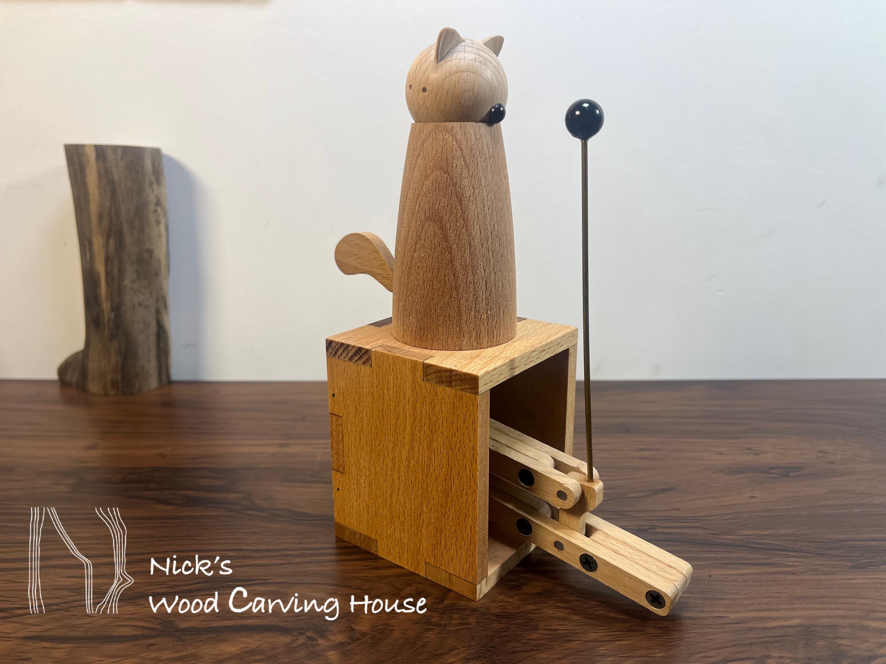 Handcrafted Wooden Cat Automaton | Kinetic Sculpture | Handmade