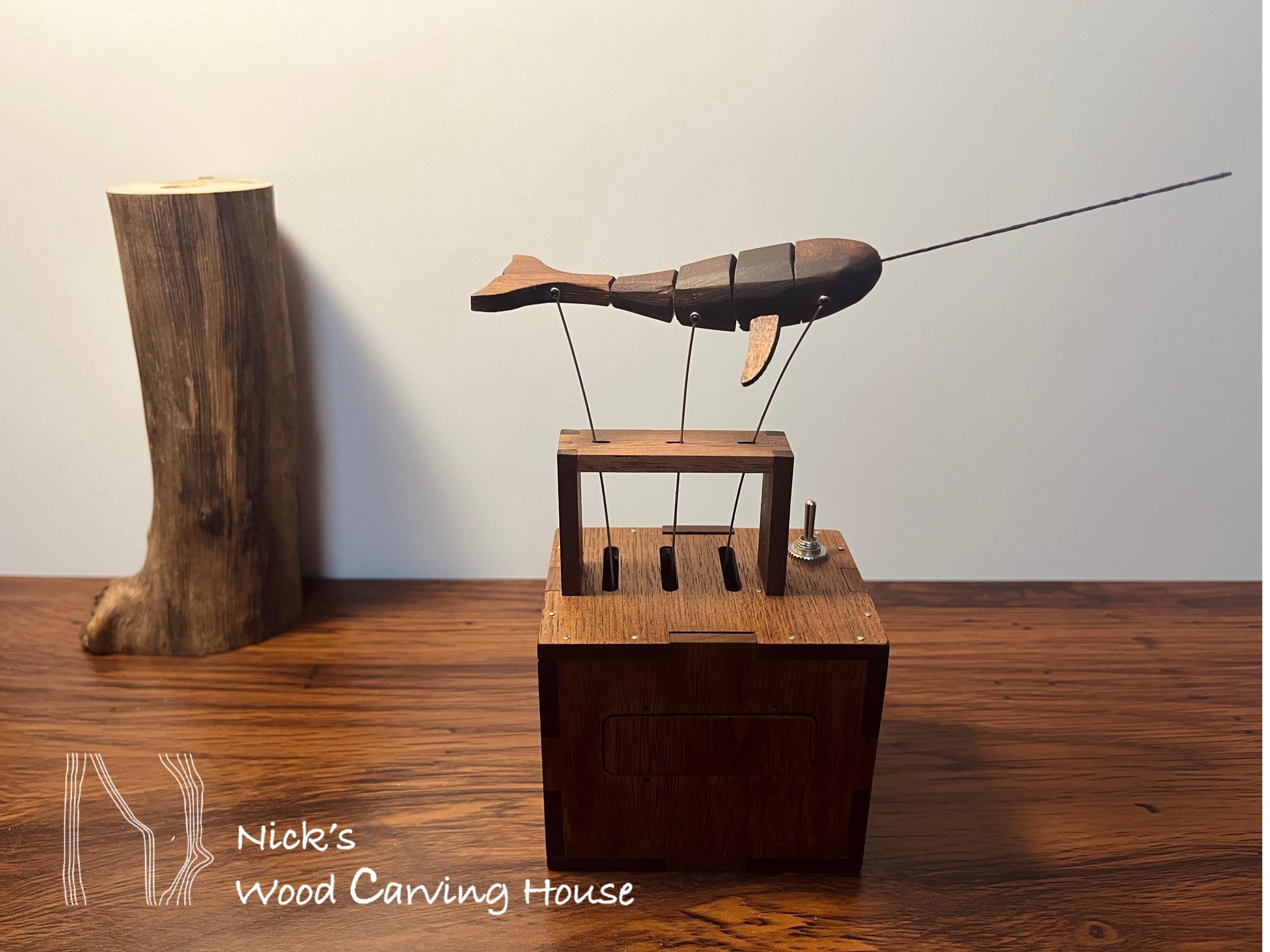 ハンドメイド木工アート 木製のクジラのオートマタ | 手作りのイッカクのオルゴール | 手作りの
