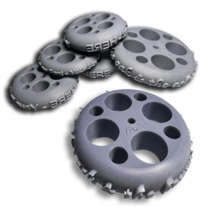 May include: Several grey, circular objects with varied texts and hole patterns. The objects have a wheel-like design with text that reads "Your Font - Your Size HERE" and "Rock & the..." The bottom object has the text "Patr".