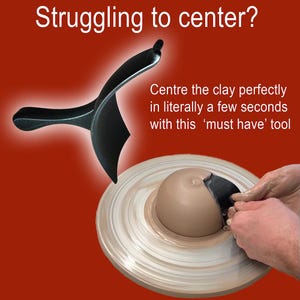 May include: A black plastic tool for centering clay on a pottery wheel. The tool is shaped like a scoop and has a handle. The text "Centre the clay perfectly in literally a few seconds with this 'must have' tool" is visible in the image.