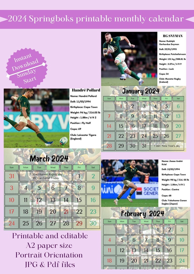 2024 South African springboks Monthly Calendar Etsy