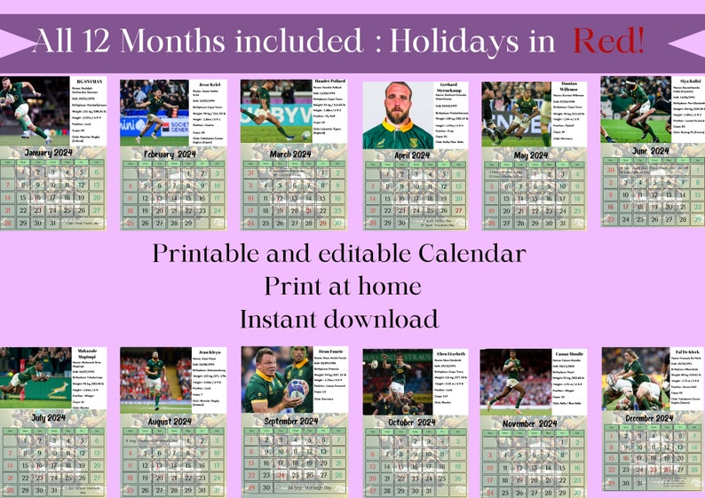 2024 South African springboks Monthly Calendar Etsy