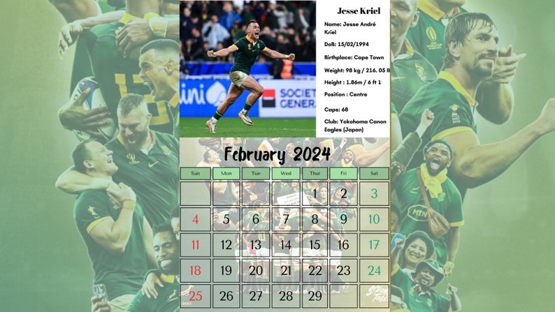 2024 South African springboks Monthly Calendar - Etsy