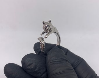 Anello a forma di gatto color argento, Anello gattino, Anello aperto, Anello colore argento, Anello regolabile, Anello a forma d’animale