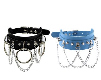 Gothic punk choker collar / leash ring in, chains and spikes, unisex emo