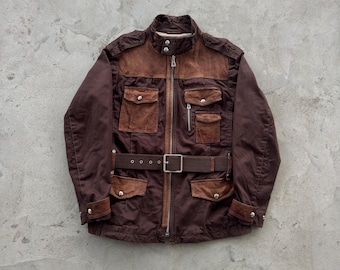 Hugo Boss Orange Label Vintage Utility Jacket: Brown Leather Trim, Belted Field Coat