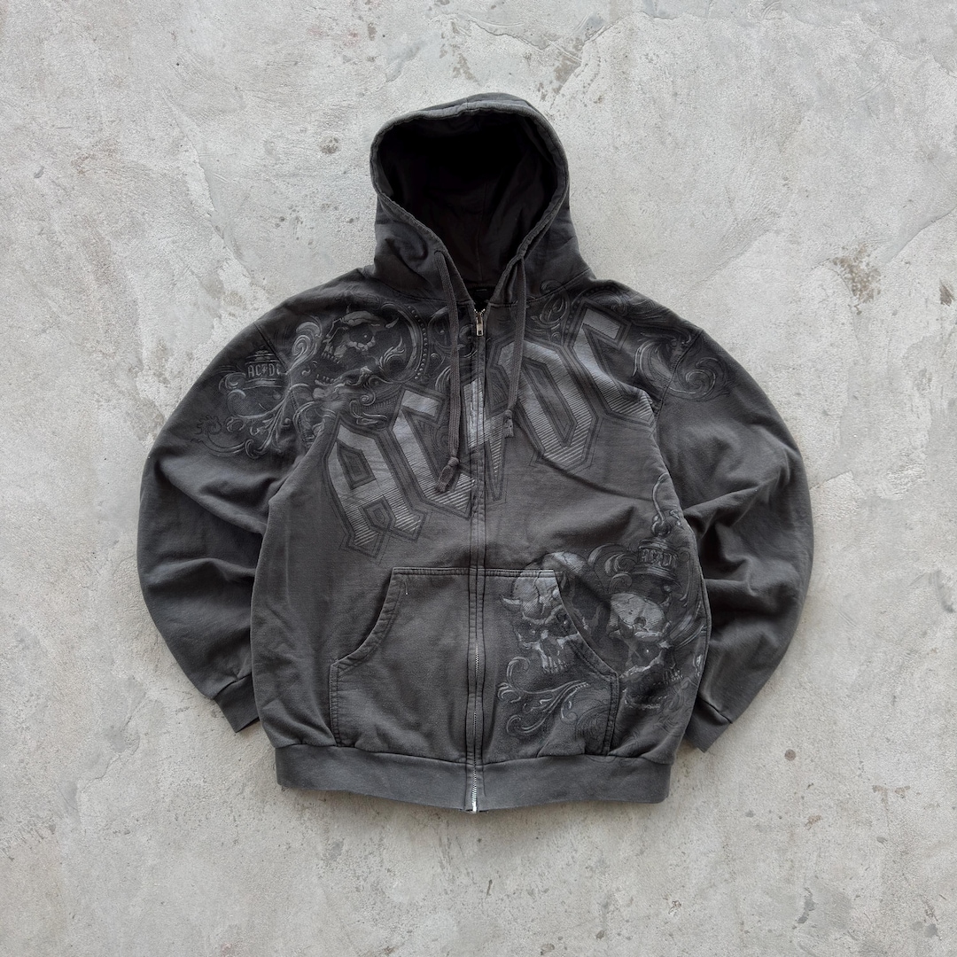 Vintage AC/DC Zip up Hoodie Rock Band Graphic Sweatshirt Grey Black ...