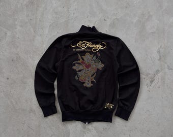 Vintage Y2K Ed Hardy Christian Audigier Rhinestone Cross Black Track Jacket Size M