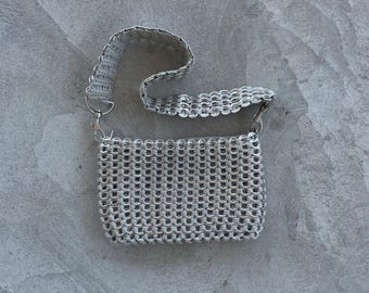 Upcycled Pop Tab Bag Silver Metallic Shoulder Purse Recycled Aluminum Soda Tab Crochet Handbag Sustainable Y2K Fashion Edgy Accessory