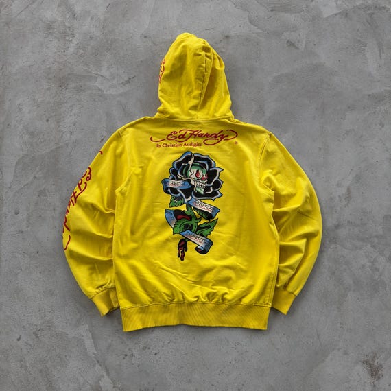 Vintage Ed Hardy Yellow Zip Hoodie XL Christian Audigier Skull