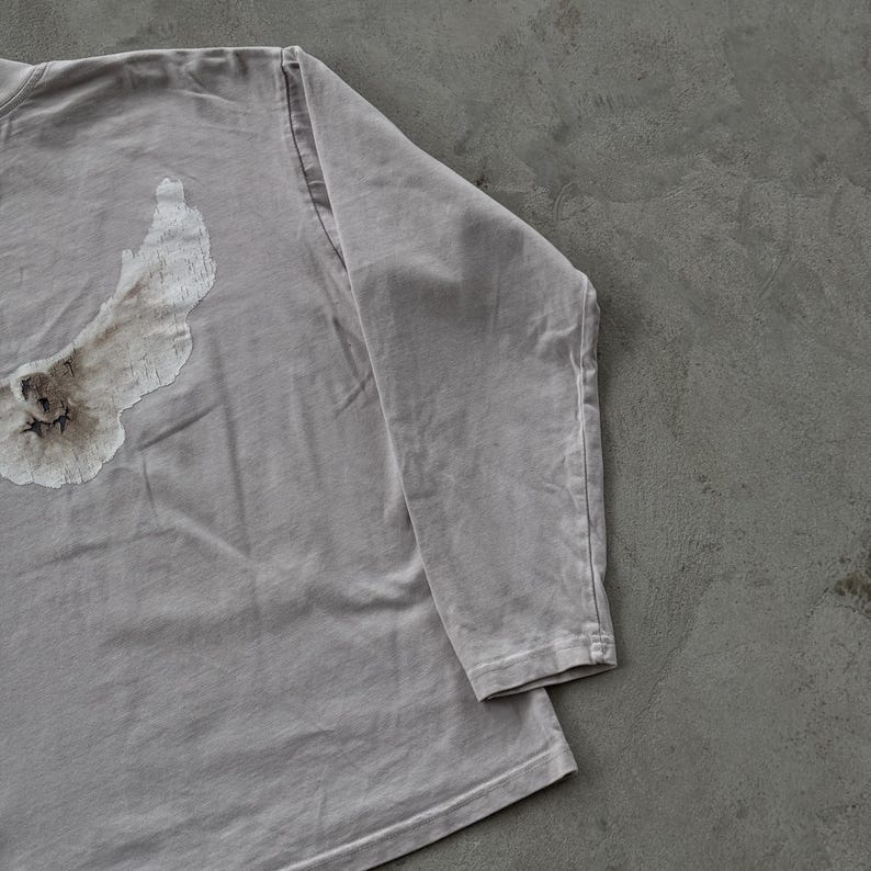 May include: A long-sleeve shirt in a muted light gray color featuring a distressed, textured white graphic print on the left side. The garment has a crew neckline, long sleeves with stitched cuffs, and a soft, worn-in fabric appearance throughout.