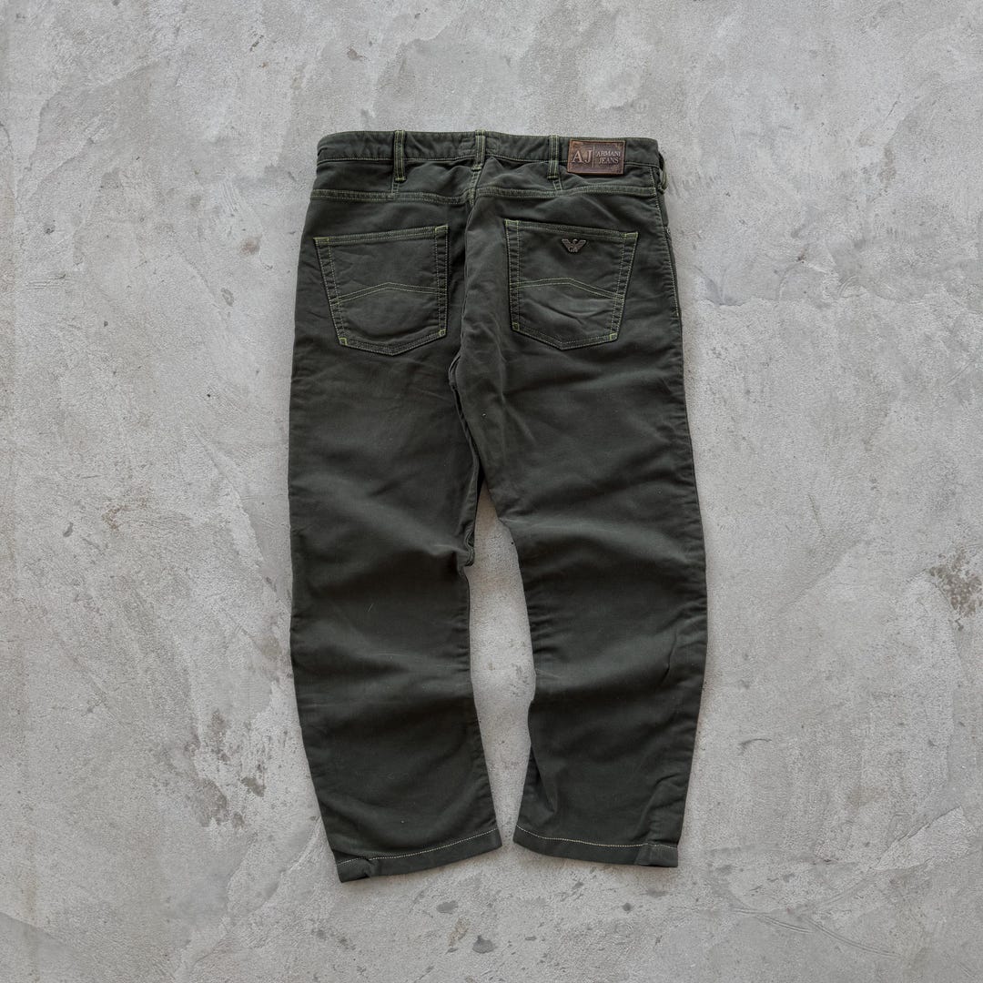 Vintage 90s Giorgio Armani Metal Logo Denim Jeans Size 34x30 Green