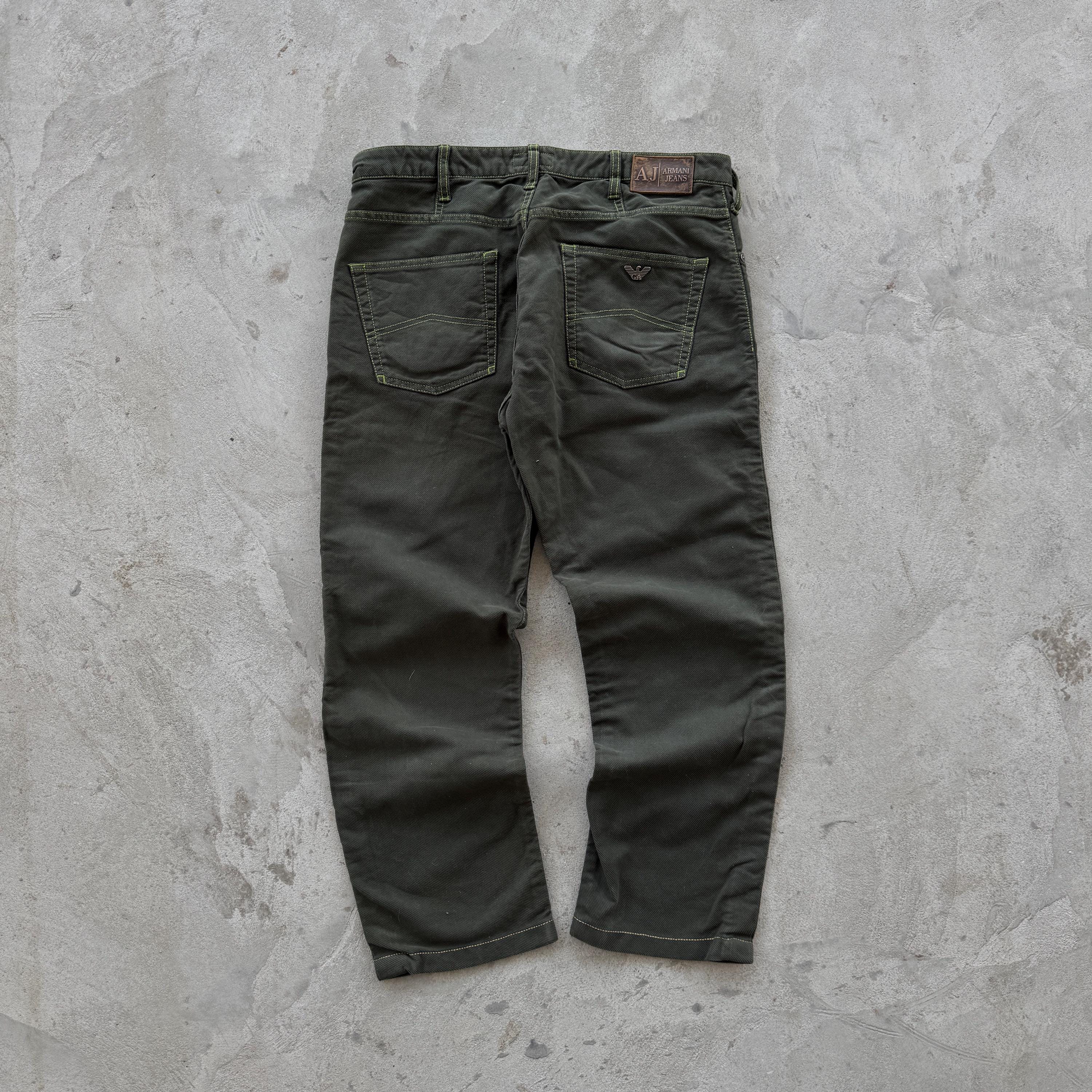 Vintage 90s Giorgio Armani Metal Logo Denim Jeans Size 34x30 Green