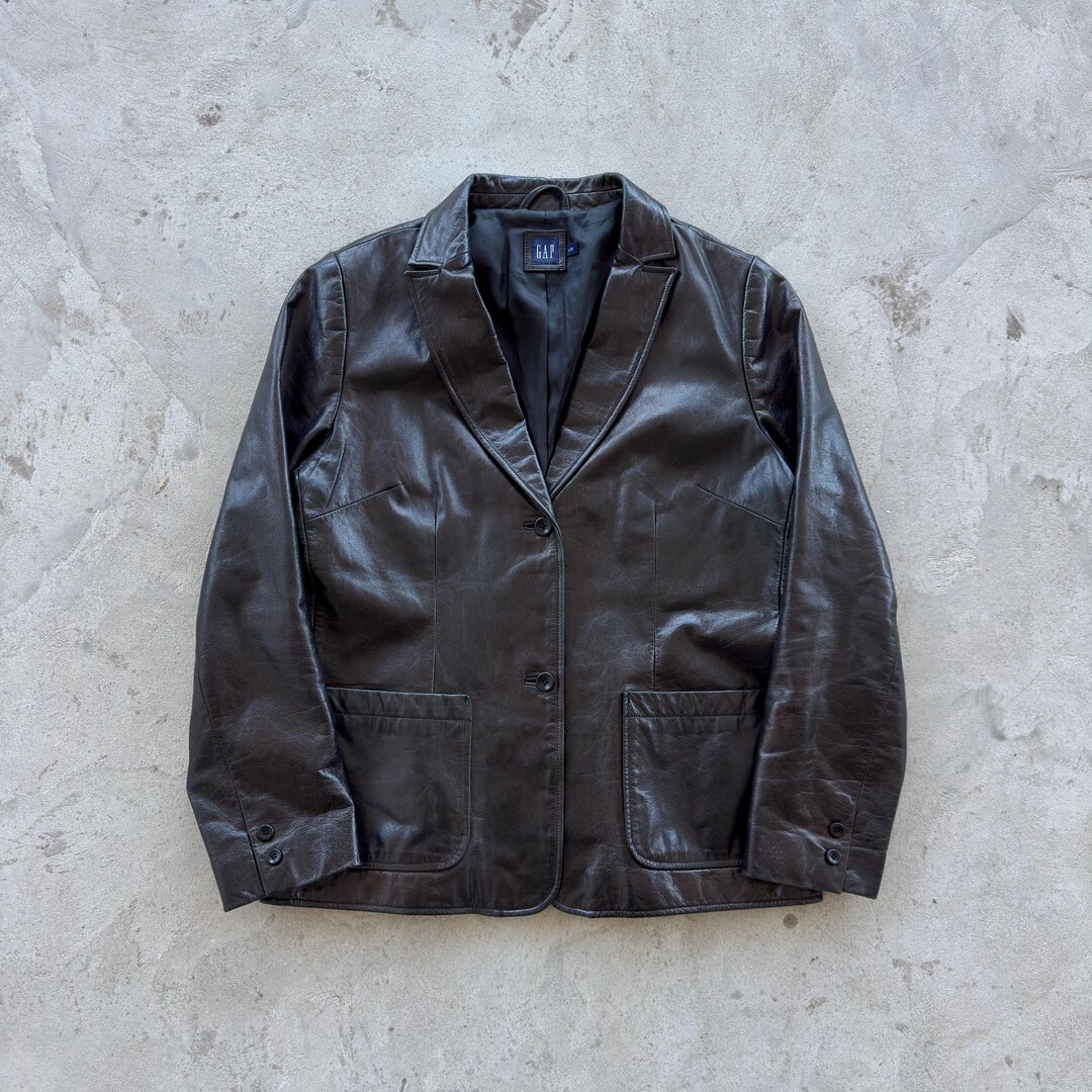 Vintage GAP Leather Blazer Large Black Jacket 90s Minimalist Real