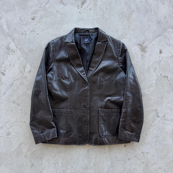 Vintage GAP Leather Blazer Large Black Jacket 90s Minimalist Real