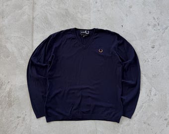 Vintage 90s Fred Perry V Neck Sweater Size XL navy Blue