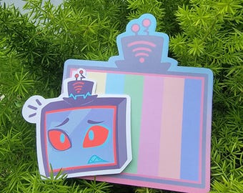 以下が含まれることがあります： 赤い目をした青と灰色の漫画のテレビ。テレビは虹色のストライプの背景の上にあり、その上に青と灰色のアンテナがあります。