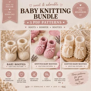 Peut inclure: Un ensemble numérique de trois modèles de tricot pour bébé comprenant des bottes, une barboteuse et des chaussons. L'image présente des chaussons beiges avec des oreilles de lapin, des chaussons roses à nœuds et des chaussons crème à lacets.