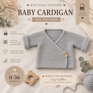 Beginner Baby Cardigan Knitting Pattern PDF | Easy Garter Stitch Baby Sweater | Seamless Top Down Kimono Wrap | (0-36 Months)