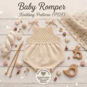 May include: A beige knitted baby romper with a textured diamond pattern on the bodice and tie-up shoulder straps. The image includes knitting needles, yarn, wooden animal-shaped teethers, and text reading Baby Romper Knitting Pattern (PDF).