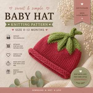 May include: A red knitted baby hat with a green leaf-shaped top, presented as a knitting pattern for sizes 0-12 months. The text reads: sweet & simple BABY HAT KNITTING PATTERN, SIZE 0-12 MONTHS, INSTANT PDF DOWNLOAD, and KNIT WITH LOVE.